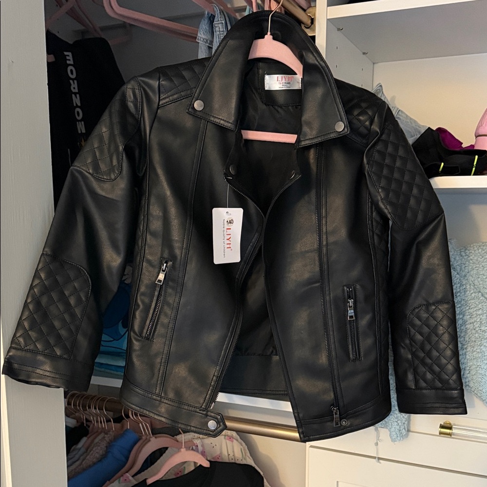 Kids Black Quilted Faux Leather Moto Jacket